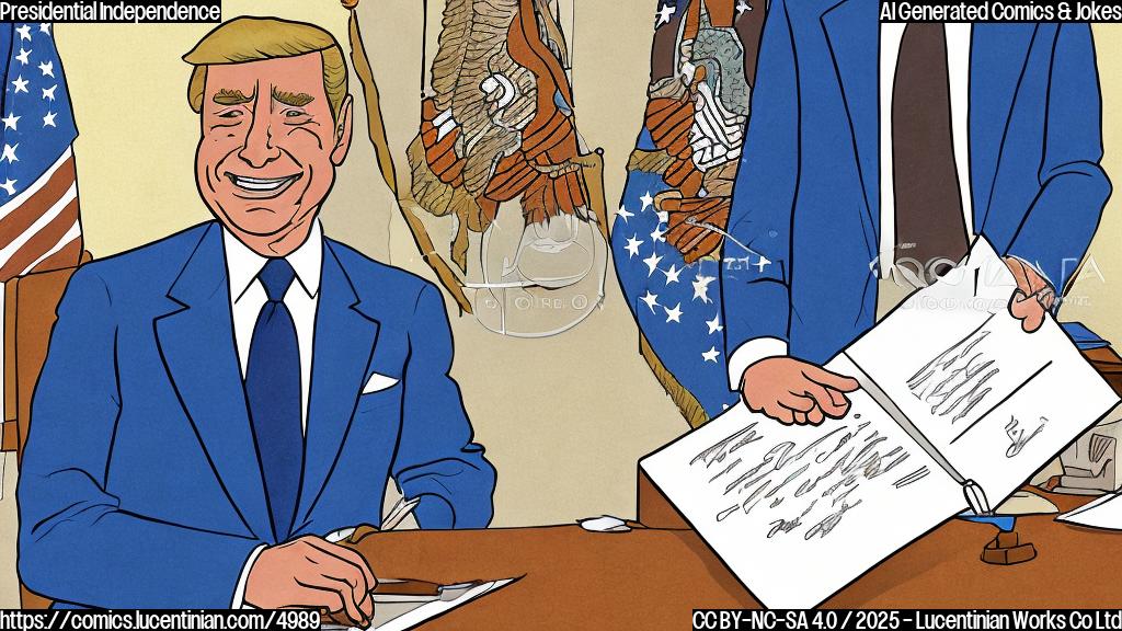 A cartoon drawing of a president, in a plain blue suit, standing behind a large desk with a single executive order on it, smiling triumphantly.  The desk is plain brown. The background is a light beige colour. The style is minimalist and plain-colored, no shading.