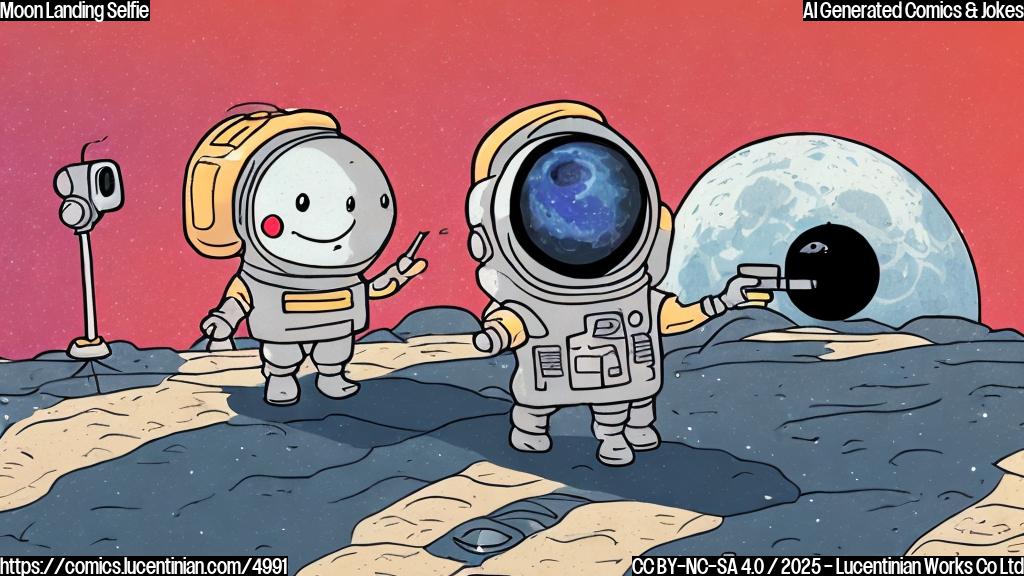 A simple cartoon drawing of a cute little spacecraft with big round eyes and a wide smile, holding up a selfie stick with a phone taking a photo of itself against a cratered moon background in plain colors.