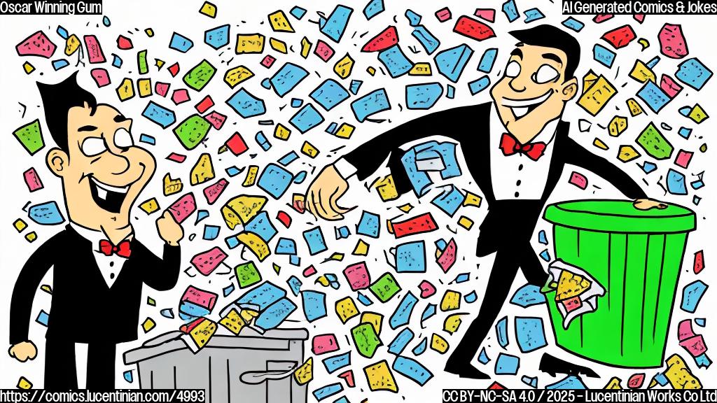 A simple cartoon drawing of a man in a tuxedo throwing away a piece of chewed gum into a trash can with a happy expression. The background is plain. The style is simple and plain color.