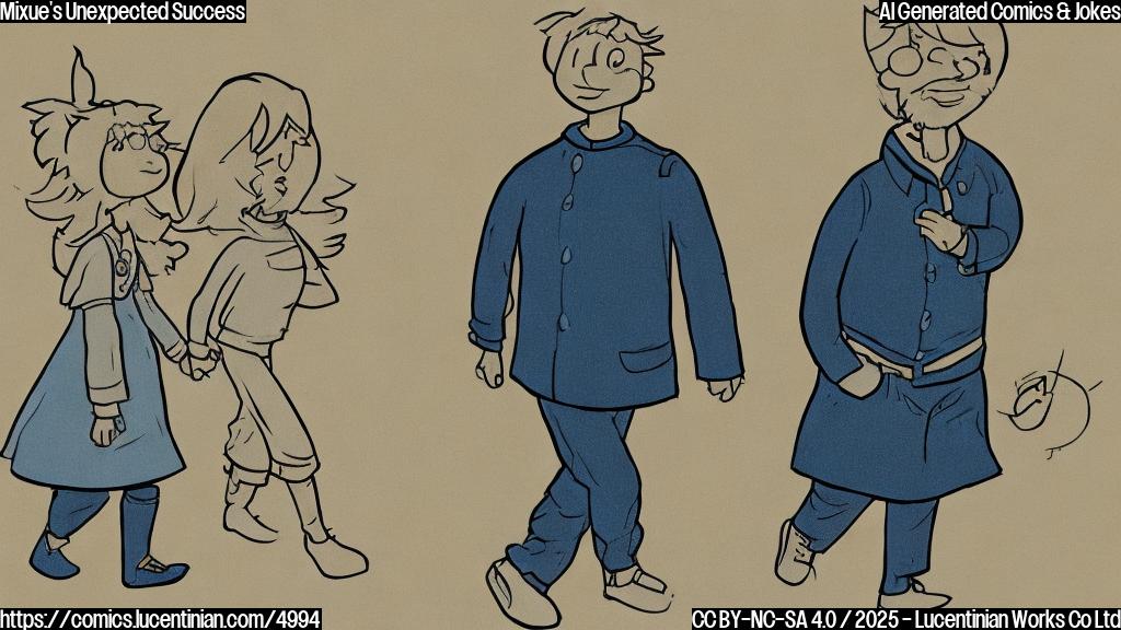 A simple cartoon drawing of two stylized figures, one slightly larger and wearing a Mixue-style uniform (simple blue and white), the other in everyday clothes, sadly walking away from each other.  The background should be a plain light beige color.  The style should be similar to a simple children's book illustration, using only a few colors.