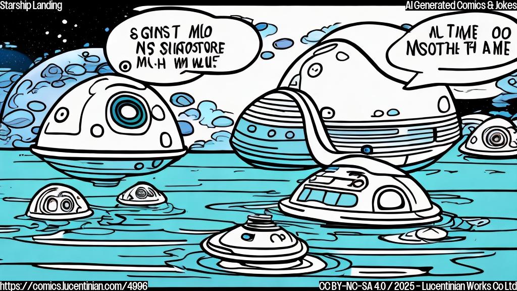 A cartoon spaceship with big round windows, simple lines, and single plain color, floats on water, with a small speech bubble saying "No bath for me!"