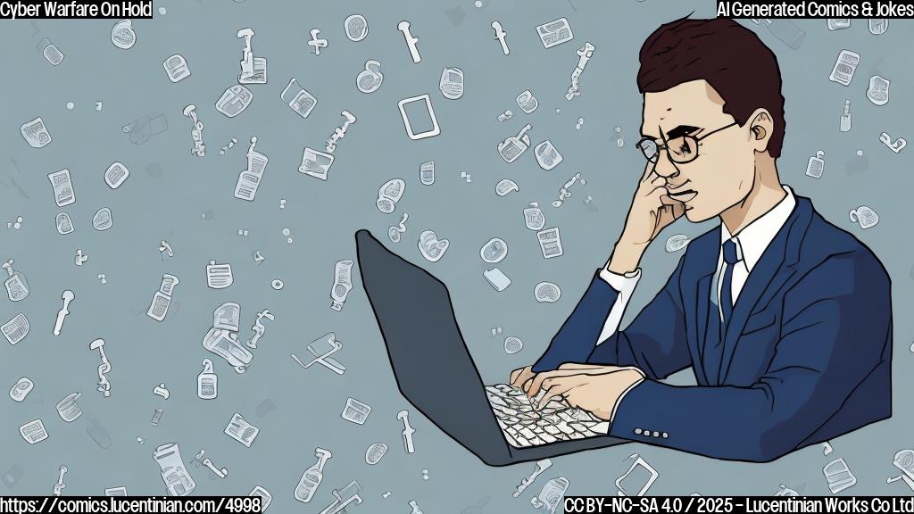 A plain color cartoon of a person in a suit sitting at a computer, looking stressed. The background is a simple gradient of blue and gray. The person is surrounded by falling keys.