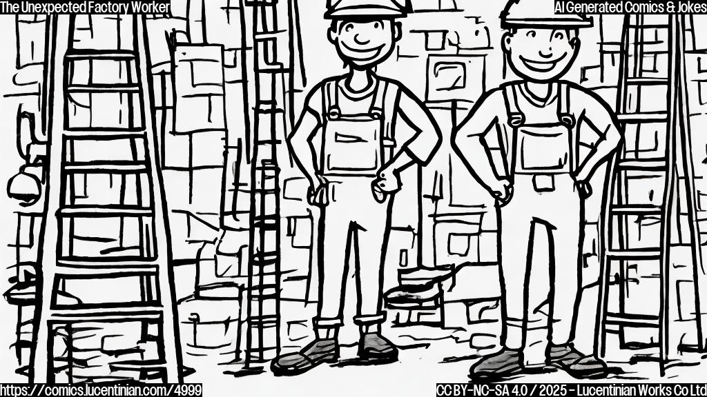 A simple cartoon drawing of a person wearing a hard hat and overalls, carrying a ladder with a smiling face, standing in front of a factory, plain color, minimalist style