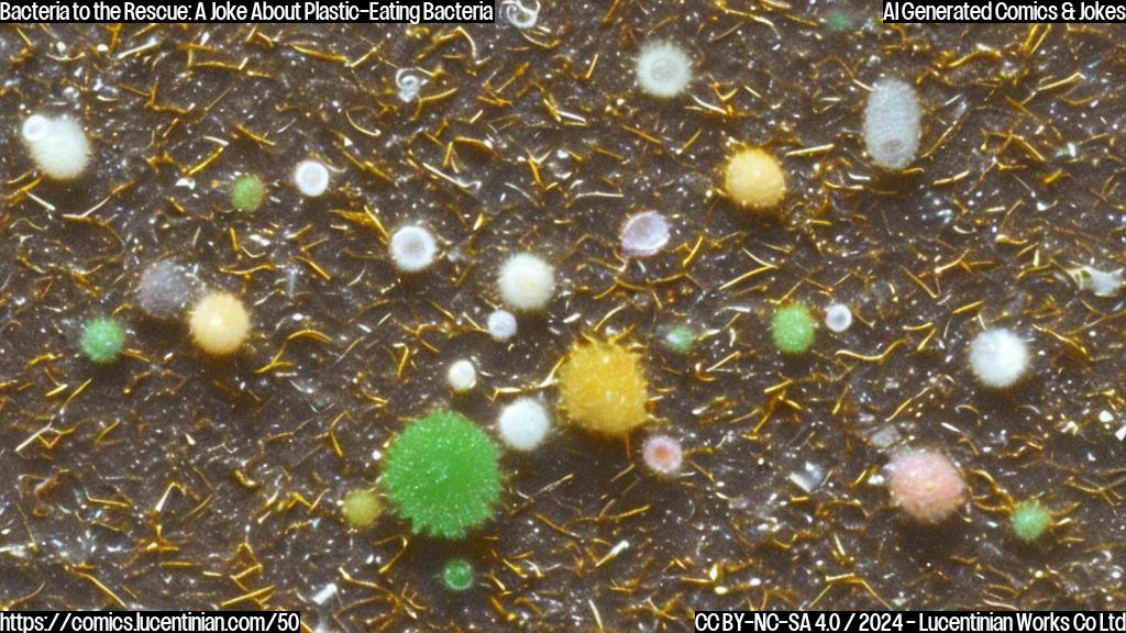 A small, rod-shaped microorganism commonly found in wastewater containers is eating plastic and turning it into a food source. It has a greenish-brown color with a slightly yellowish tint around its edges. The microorganism's shape allows it to move through the liquid with ease, breaking down the plastic as it goes. In the background, there are scattered pieces of plastic bags and bottles that the microorganism is slowly digesting.