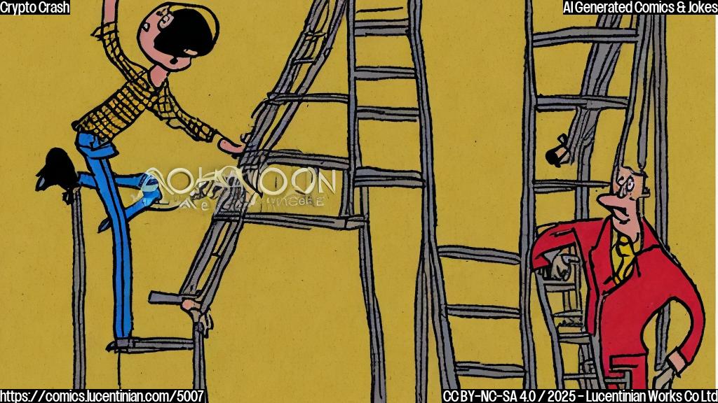 A cartoon drawing in plain colors, showing a person with worried expression climbing up a ladder, symbolizing a stock market chart going down in red. The background is plain yellow.