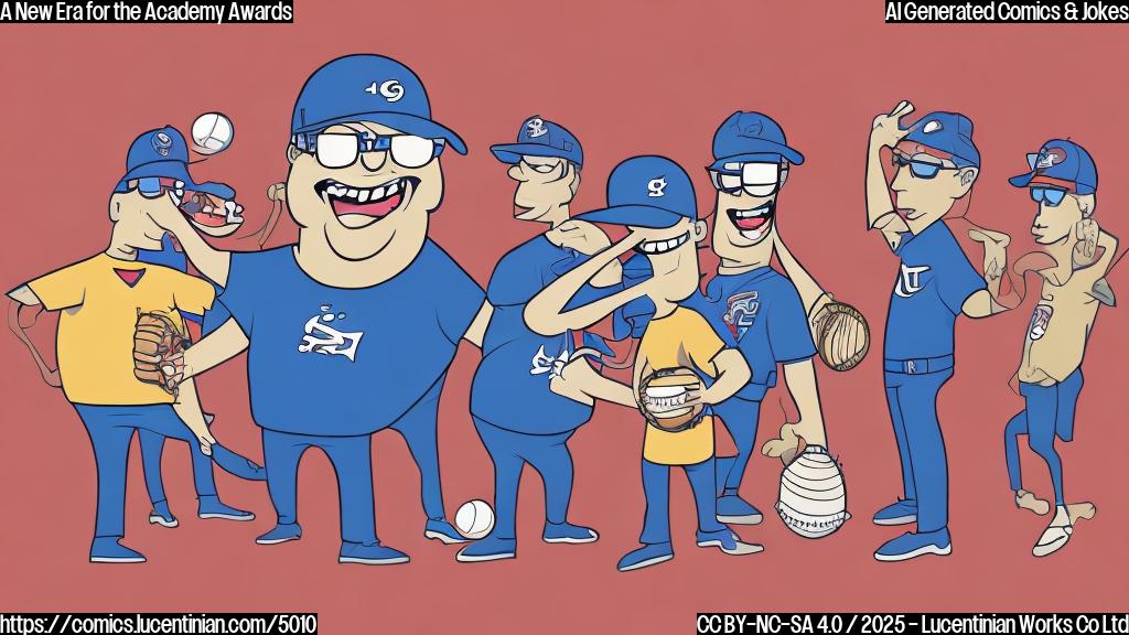 A cartoon illustration in a plain color style depicting a group of award statues, one wearing sunglasses and a backwards baseball cap, shaking its head. The background is a simple, solid color.