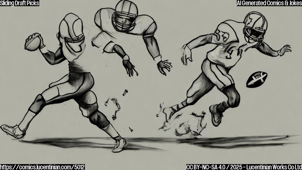 A simple cartoon drawing of a football player slipping on a banana peel on a football field, in a single plain color, no background