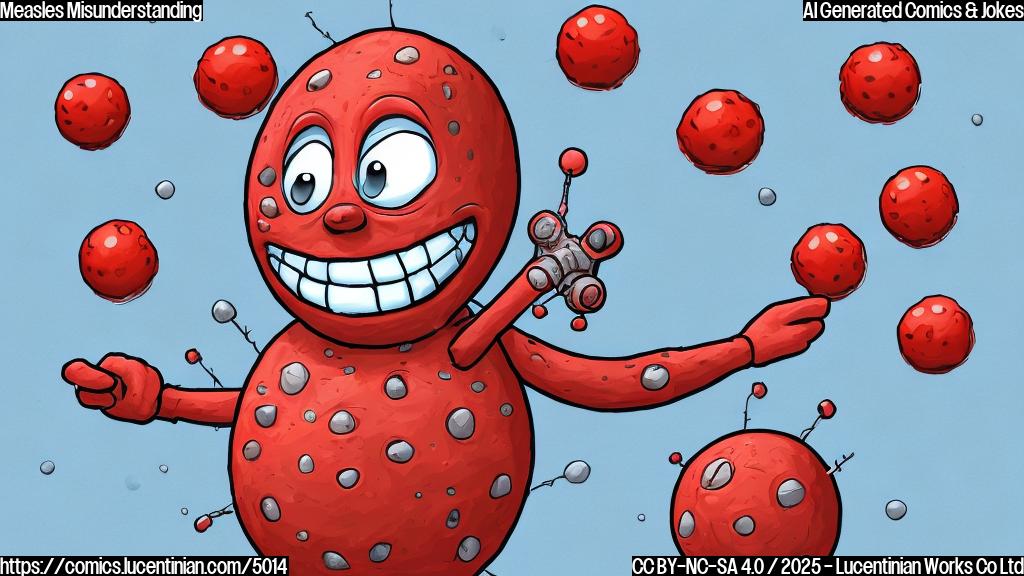 A simple cartoon of a red measles virus character, with a slightly sinister grin, defiantly refusing to put on a small blue mask. The style is plain colored, no shading or texture, only flat colors, background is light yellow