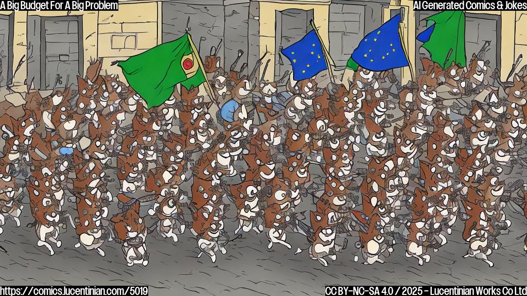 A cartoon drawing in plain colors, depicting a group of cartoon squirrels in military uniforms, marching with tiny weapons, towards a large cartoon building representing the EU commission. The building should be slightly worried and has a scared expression on its windows