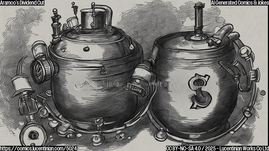 A cartoon drawing of a sad-looking oil barrel wearing a top hat and monocle, with a tear rolling down its face and a smaller oil barrel at the bottom right of the picture, showing a sign "Dividend Cut". The background should be a solid light blue color.