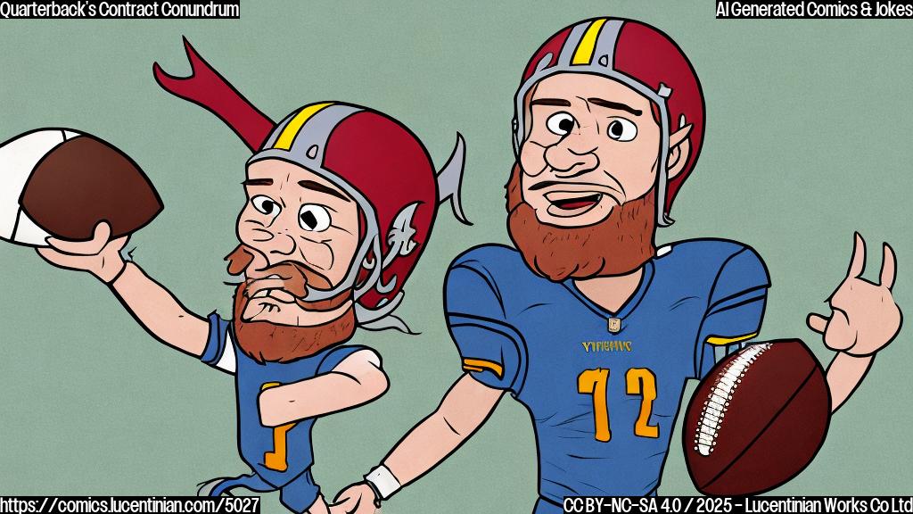 A cartoon illustration in plain color of a Viking wearing a football uniform, looking confused while holding a tiny, crumpled contract in one hand and a giant football in the other, set against a simple background.