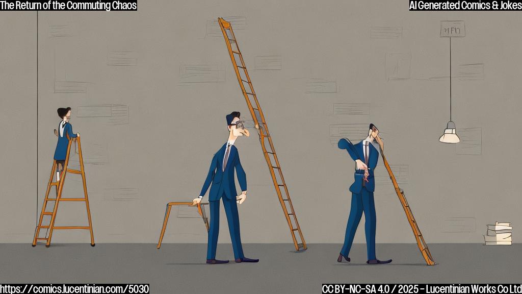 A cartoon drawing in a plain color style of a person wearing glasses and a formal suit carrying a ladder entering into an office building. The style should be simple, without complex backgrounds and details, focusing on the character and the ladder. The colors should be muted.