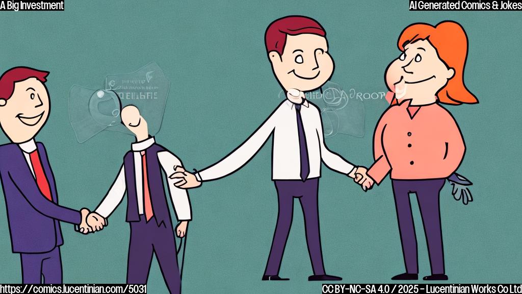 A cartoon drawing of a person in a business suit shaking hands with a smiling person next to a large microchip in a plain color style.