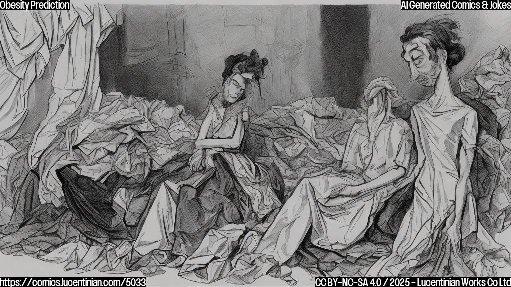 A cartoon drawing in plain colors of a stressed-looking fashion designer surrounded by piles of fabric, some larger than the person. The designer has a worried expression and is clutching their head. The fabric is various shades of muted colors.