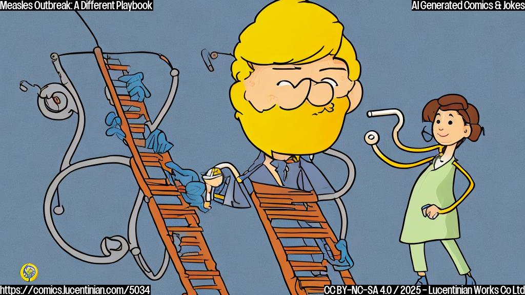 A cartoon drawing in plain colors showing a public health official, a tall person with a stethoscope, carrying a long ladder toward a very tall building shaped like a virus. The style is similar to a simple children's book illustration.