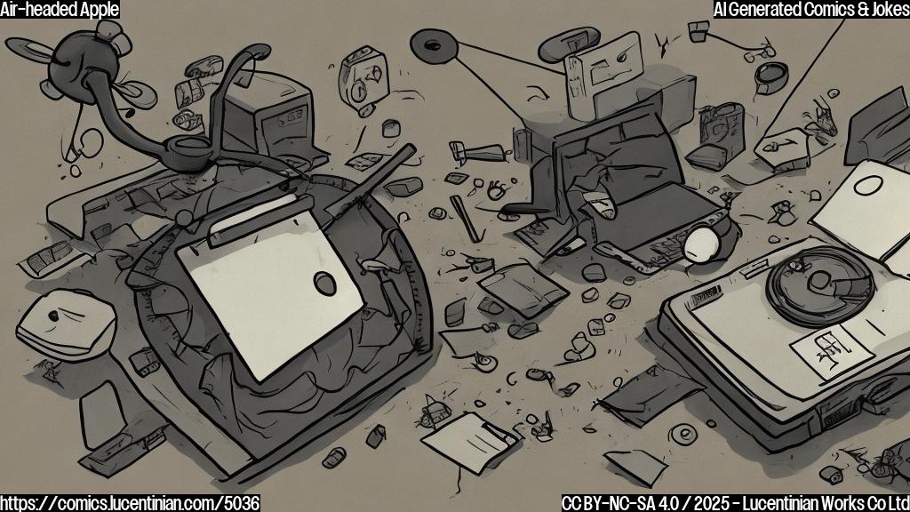 A cartoon of a sad-looking laptop with a propeller on top, lying on its back, surrounded by empty air canisters.