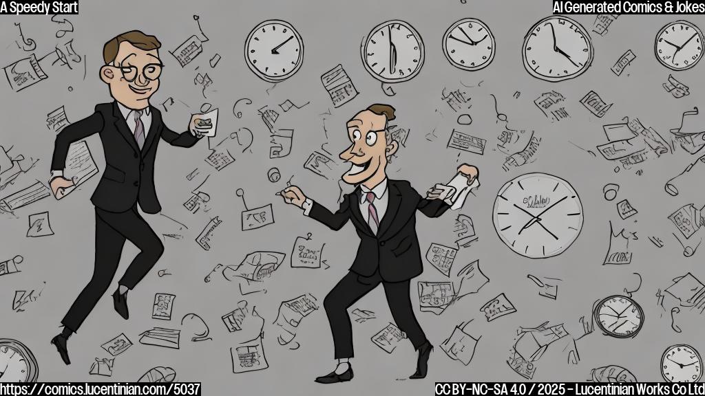 A cartoon of a person in a suit rushing to tick off items on a very long to-do list. The cartoon is in plain color, the background is solid light gray, and there are multiple clocks in the background showing different times.