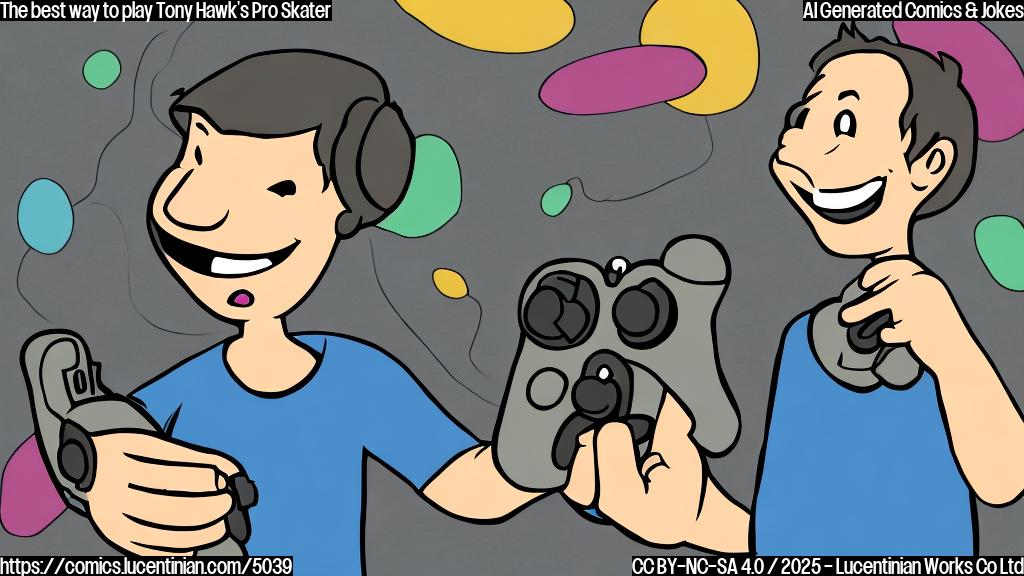 A cartoon of a person holding a video game controller with a happy expression. Plain color cartoon style.