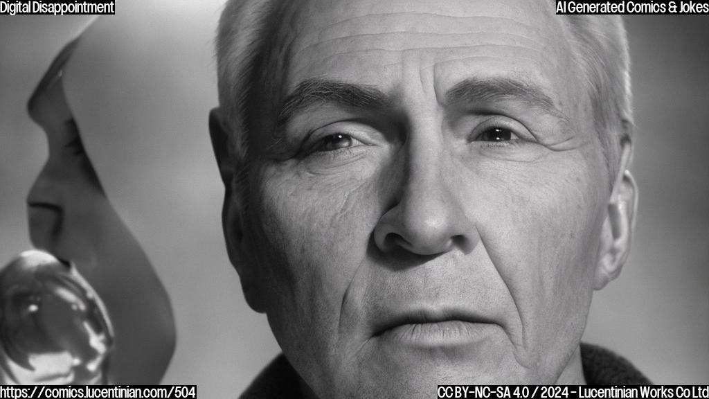 A digitally de-aged actor with a slightly pale complexion and fine wrinkles on his forehead. He has a hint of age spots on his nose and cheeks. The background is a blur, with some faint Hollywood sign in the distance.