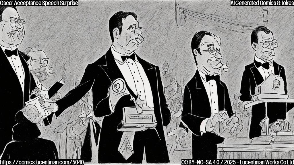 A cartoon drawing in plain colors of an awards ceremony. A man in a tuxedo is giving an acceptance speech at a podium. In the background, a shadowy figure with a sinister smile watches. The style should be simple, almost childlike, using only a few colors. The mood should be subtly humorous and slightly dark.