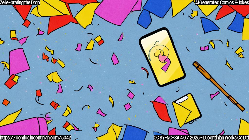 A cartoon drawing in plain colors, of a gavel lying next to a pile of papers, a celebratory confetti and a cellphone showing a Zelle payment confirmation