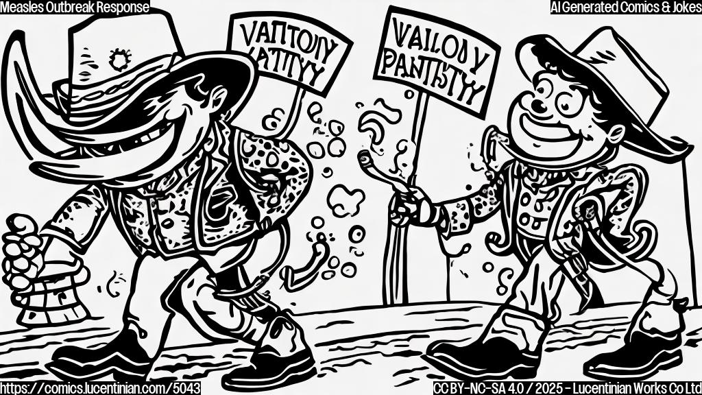 A cartoon drawing of a virus wearing a cowboy hat and boots, happily walking toward a building with a big sign that says "Vaccination Party". The style is simple, single-color and flat.