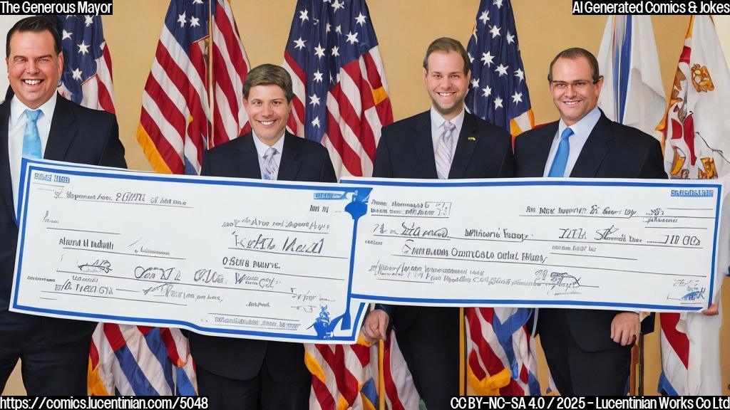 A cartoon of a smiling mayor in a suit, handing over a giant oversized check to a person in a business suit, and with a plain background in blue.