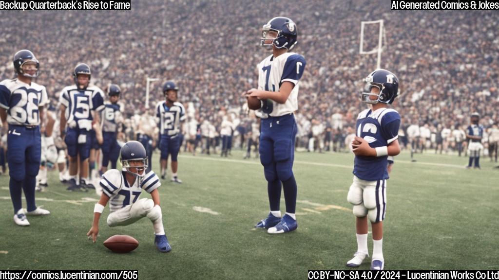 A young, ambitious quarterback sits on a ladder in front of a football field, looking determined and focused. He is wearing a football jersey with number 17, indicating that he is the backup quarterback. The ladder represents his aspirations to move up the ranks and become the starting quarterback.