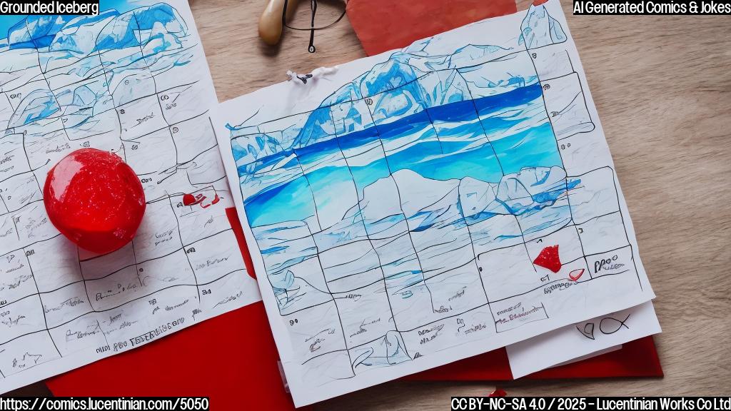 A cartoon iceberg with a sweat drop and a calendar with a big red X on it, in plain colors