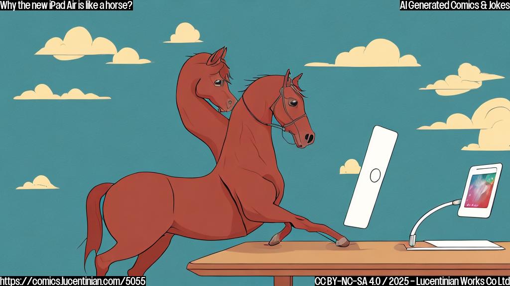 A cartoon illustration in plain color style: a horse wearing an iPad Air and riding on a keyboard. The illustration must be simple, with only plain colors without any gradient or texture