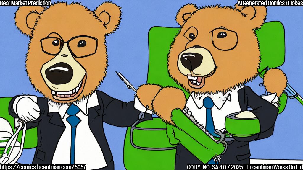 A cartoon bear in a suit sits in a dentist's chair, looking apprehensive. The dentist, a smiling cartoon person, is holding a large drill. The background is plain light green, and the style is simple, flat color.