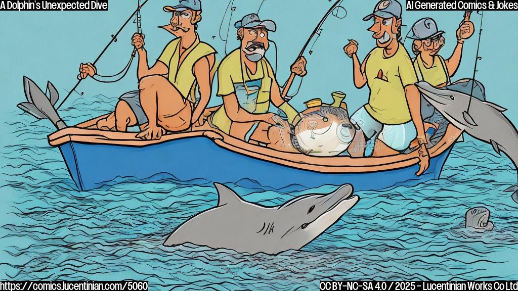 A cartoon drawing of three surprised fishermen in a small boat with a large dolphin lying on top of them. The drawing is in a plain color style, with only a few colors used. The style is simple and slightly comical.