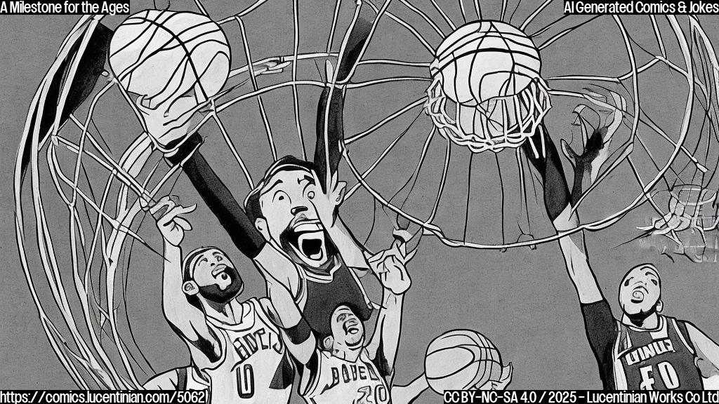 A cartoon drawing in plain colors of a basketball player with a very tall ladder behind him, looking up towards a giant basketball hoop with the number 50000 on the net.