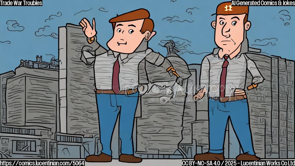 A cartoon drawing of a worried-looking person wearing two pairs of pants, standing in front of a large building that says "Tariffs". The drawing style is simple, flat colors, and no background.  The person is a simple stick figure type.