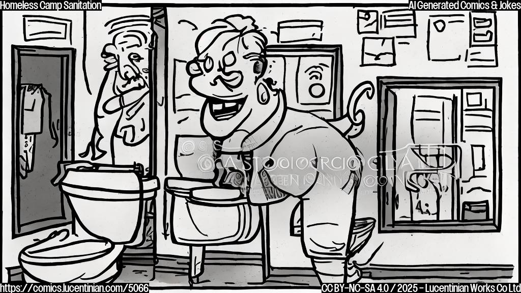 A cartoon drawing of a person in rags with a worried expression, a speech bubble showing "I'm going to take a dump on this situation!", and a public restroom in the background. Use a simple color palette with muted tones.