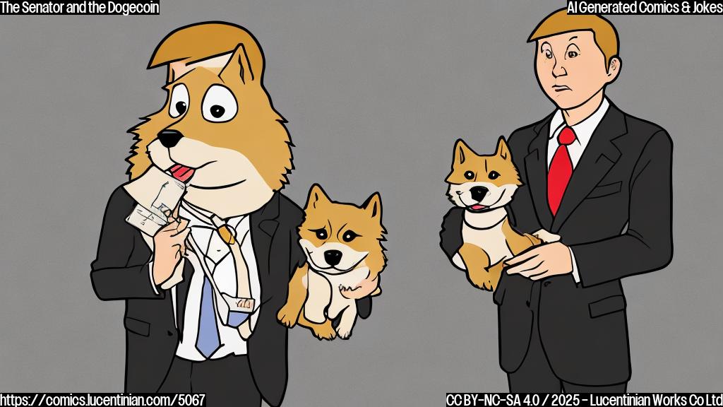 A cartoon drawing in plain colors of a serious-looking senator holding a bag labeled "Dogecoins" in one hand and a small, determined-looking puppy in a suit and tie in the other hand.  The background is a simple, plain color.