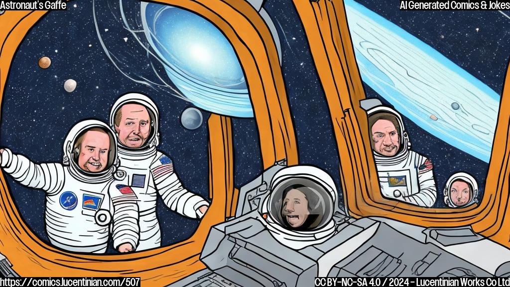 Draw a plain color cartoon style picture of two astronauts looking out of a cupola window, with one astronaut covering their mouth in surprise and the other astronomer trying to hide it behind a control panel.