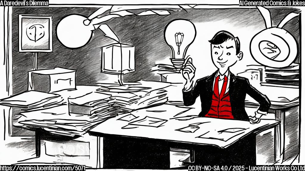 A simple cartoon drawing of a superhero in a red suit with a worried expression, sitting at a desk surrounded by papers, with a single light bulb illuminating the scene. The style should be plain, with only a few colors, and the background should be a light grey.