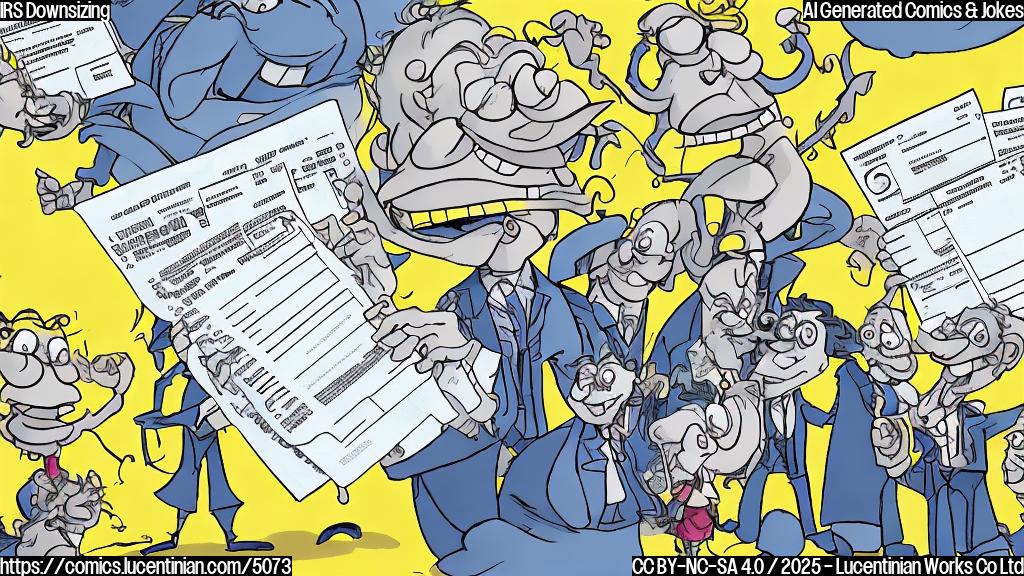 A simple cartoon of a sad-looking tax form character surrounded by half-sized, equally sad-looking tax form characters. The scene is in a pale yellow background and all the characters are only using pale blue and grey colors.