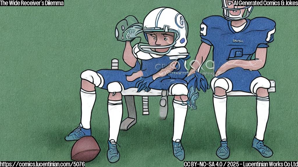 A simple cartoon drawing of a sad, cartoonish football player with a helmet in plain light blue color, sitting alone on a bench in a football field with green grass.  The bench is made of simple dark grey lines and the football field has light green color. The cartoon drawing needs to be plain color with no shades or shadows.