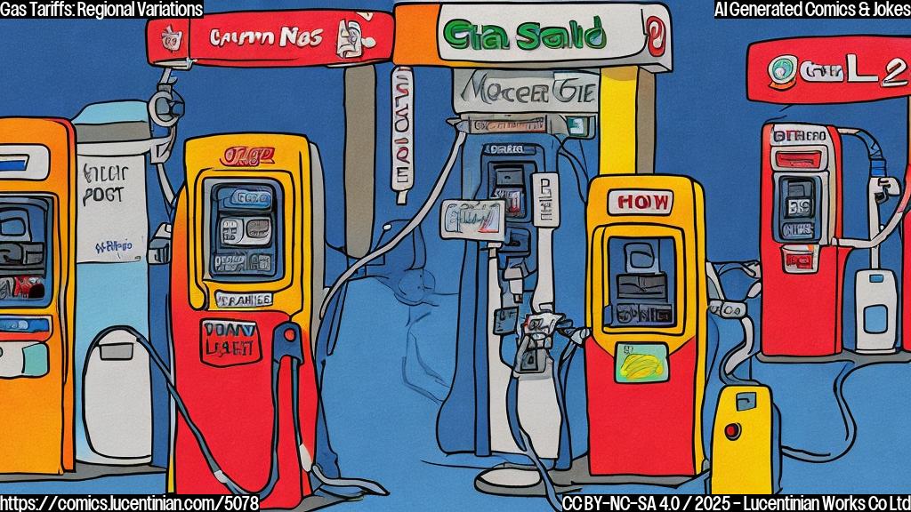 A cartoon drawing in plain color style with two gas pumps. One gas pump has a higher price showing on the screen than the other one. The lower-priced gas pump is smiling and is winking at the viewer, the higher-priced gas pump is frowning and is giving a sad expression.