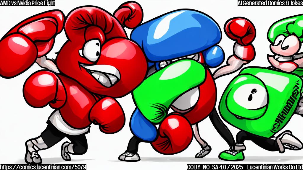 A cartoon drawing of two anthropomorphic graphics cards, one red and one green, in a boxing ring. The red card has "AMD" written on it, the green card has "Nvidia" written on it.  Plain background color.