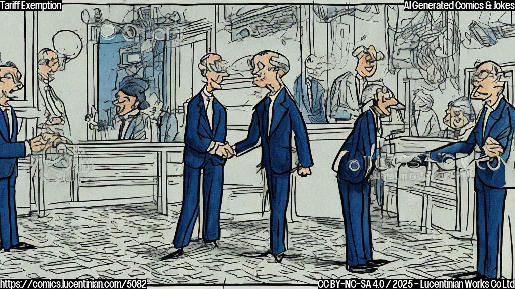 A simple cartoon drawing in plain colors of a car manufacturer in a suit shaking hands with a politician in a suit.  The background is a simple light-blue color. The expressions on their faces should suggest gratitude and satisfaction.