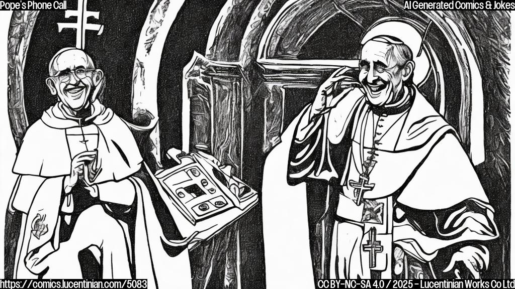 A cartoon drawing in plain colors, showing a smiling cartoon Pope with a halo speaking on a rotary phone. In the background is a simple drawing of a church dome. The style should be reminiscent of old-fashioned cartoons.