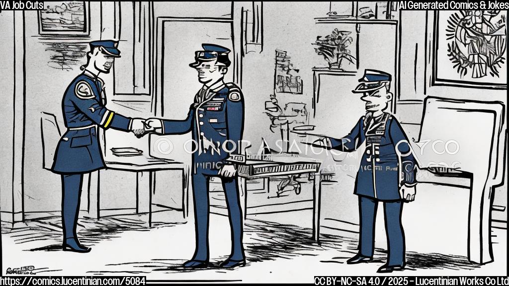 A simple cartoon drawing, plain colors, of a person in a military uniform happily shaking hands with a person in a suit. The background is a simple office setting. The style should be similar to a newspaper comic strip.