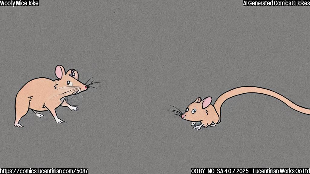 A cartoon drawing of a small mouse with thick, shaggy fur crossing a simple road. The style should be simple, with only a few colors, and minimal detail.