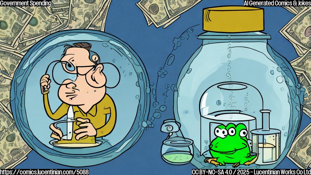 A cartoon drawing in plain colors of a scientist in a lab coat looking perplexed at a frog in a jar, with dollar signs floating around them. The background should be a simple light blue.