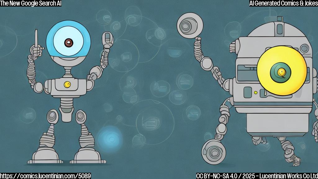 A confused cartoon robot with a thought bubble above its head showing a search bar and a speech bubble. The robot's body is a simple, light blue shape with black details and the thought bubble is a yellow circle.  Simple cartoon style, flat color.