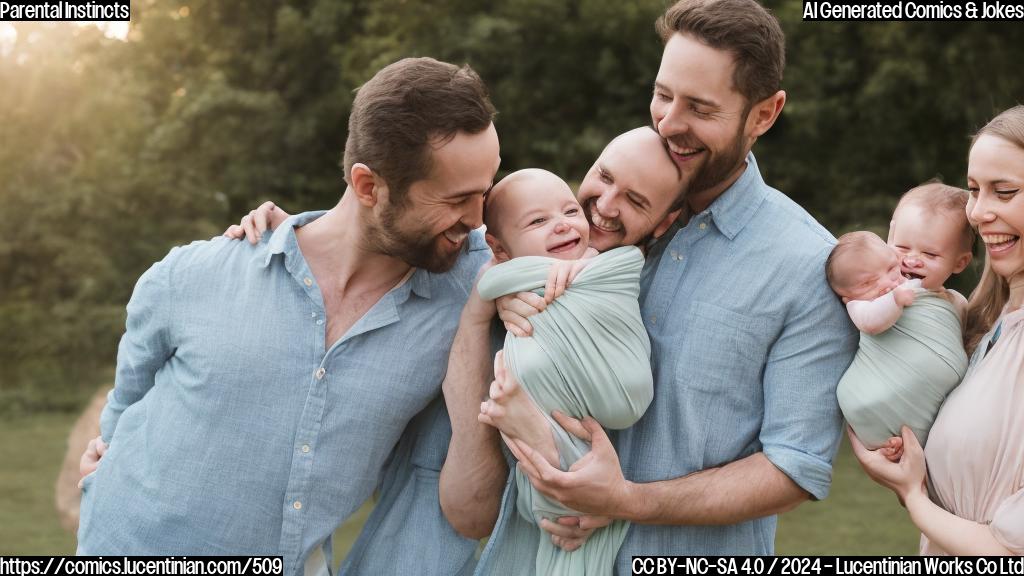 A smiling couple holding hands, with a small, swaddled baby in between them. The mom is wearing a flowy, pastel-colored dress, and the dad has on a casual, earth-toned shirt. They're both beaming with joy and having their arms around each other's waists. The background is a soft, gradient blue to represent new beginnings.