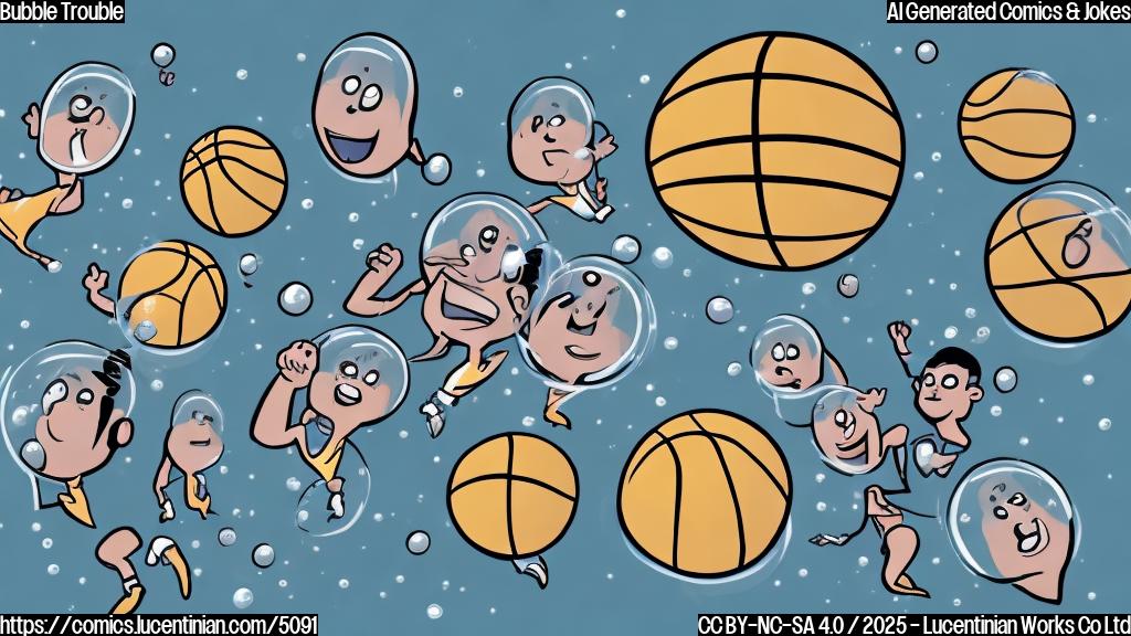 A cartoon of a basketball team, drawn in a simple, flat color style, looking surprised and confused, with a large, transparent bubble popping behind them, and speech bubbles above their heads with the words "popping up in unexpected places!"